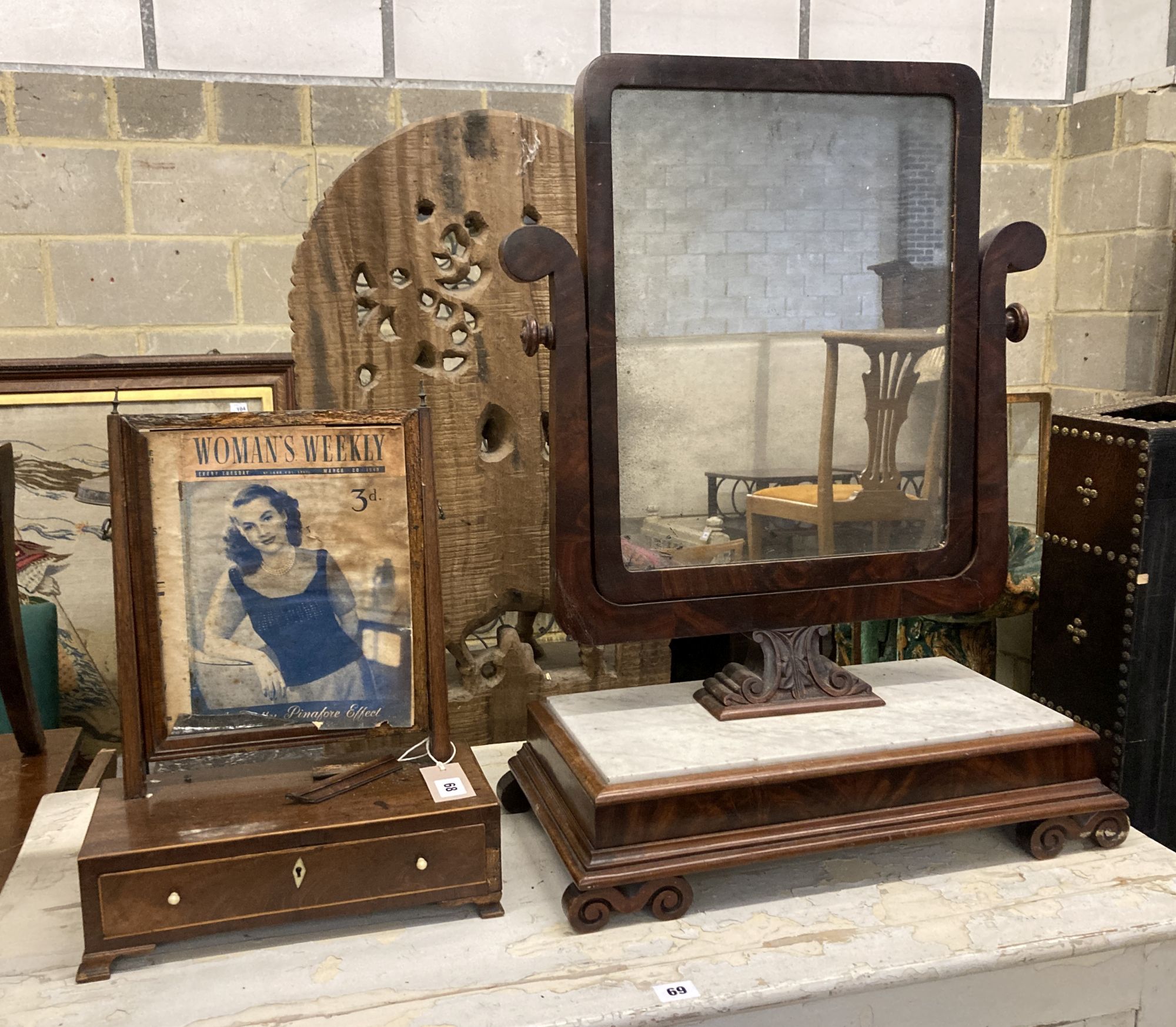 A 19th century Continental mahogany and white marble toilet mirror, width 54cm, depth 26cm, height 73cm, together with a smaller George